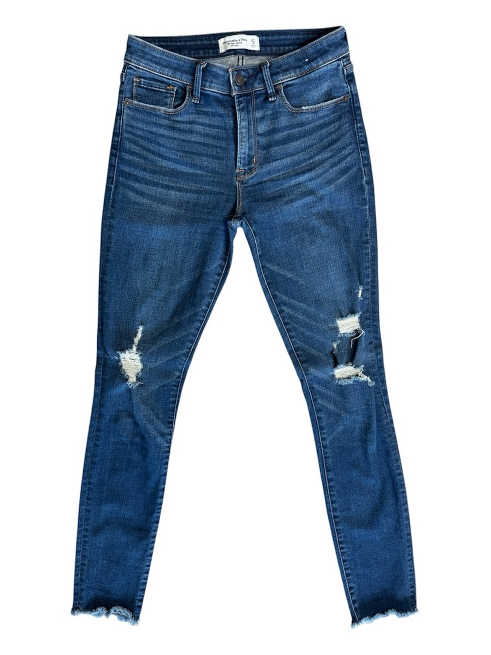 ABERCROMBIE & FITCH Women’s The Super Skinny Mid Rise Dark Blue Distressed Jeans